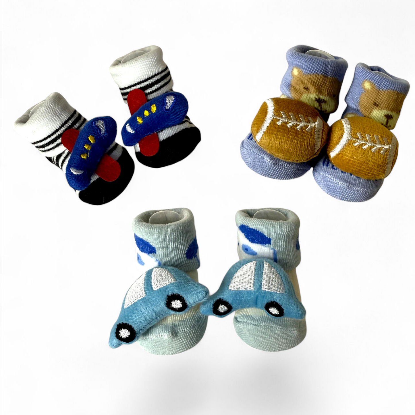 Pack of 3 Baby Booties – Football, Car & Airplane Designs | Non-Slip & Breathable