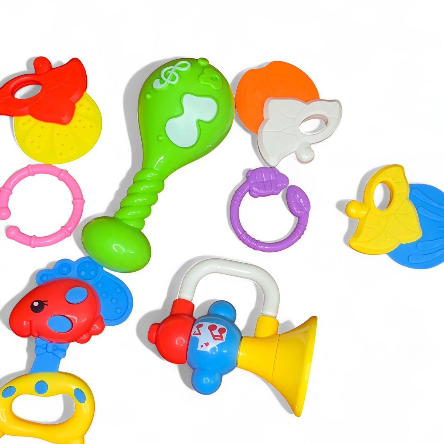 Ultimate Baby Play Bundle 6pcs Marine ChuChu Toys, 8pcs Cute Rattles Set + Free Maq Silicone Teether