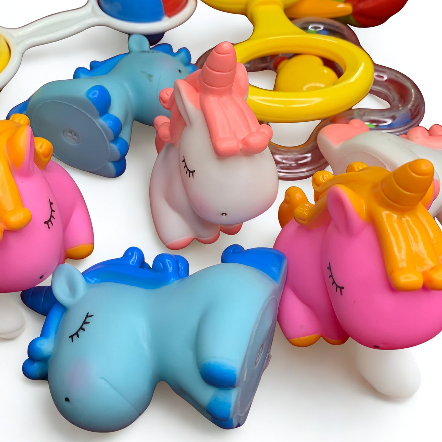 Ultimate Baby Sensory Bundle 6pcs Unicorn ChuChu Toys & 4pcs Cute Rattles Set + Free Maq Silicone Teether