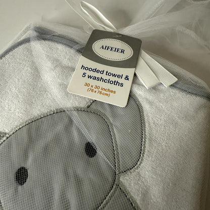 Aifeier Baby Elephant Hooded Bath Towel with 5 Face Towels