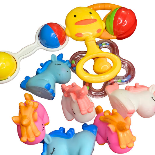 Ultimate Baby Sensory Bundle 6pcs  Unicorn ChuChu Toys & 4pcs Cute Rattles Set + Free Maq Silicone Teether