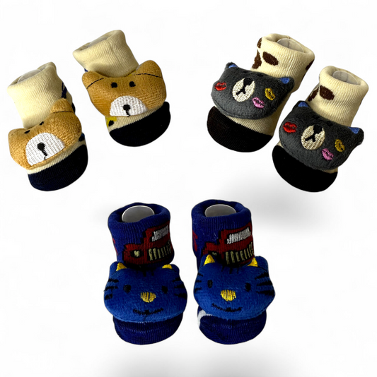 Pack of 3 Baby Booties – Bear, Car, Cat Design – Non-Slip