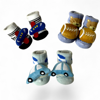 Pack of 3 Baby Booties – Football, Car & Airplane Designs | Non-Slip & Breathable