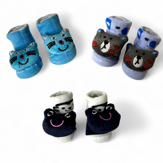 Pack of 3 Baby Booties – Cat & Bear Design | Non-Slip, Breathable