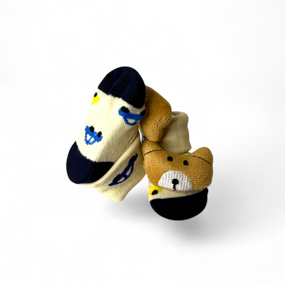 Pack of 3 Baby Booties – Bear, Car, Cat Design – Non-Slip