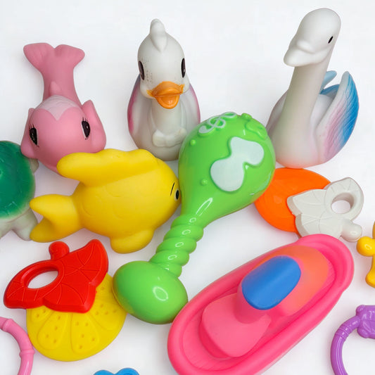 Ultimate Baby Play Bundle 6pcs Marine ChuChu Toys, 8pcs Cute Rattles Set + Free Maq Silicone Teether