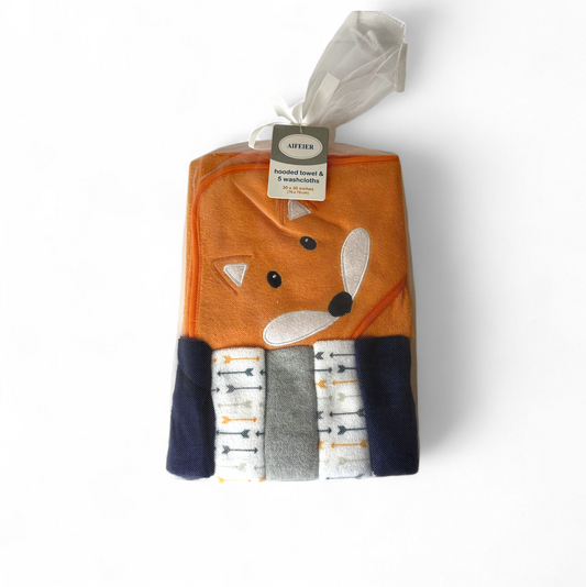 Aifeier Cute Fox Hooded Bath Towel with 5 Face Towels
