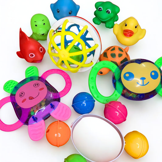 Complete Baby Play Bundle 4pcs Rattles Set, 6pcs ChuChu Toys Set + Free Maq Silicone Teether