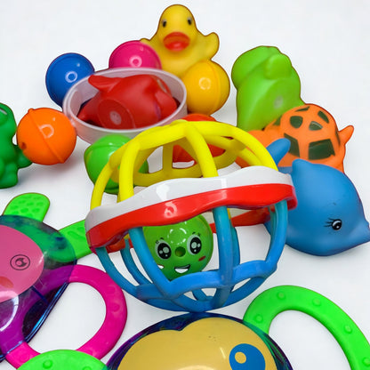 Complete Baby Play Bundle 4pcs Rattles Set, 6pcs ChuChu Toys Set + Free Maq Silicone Teether