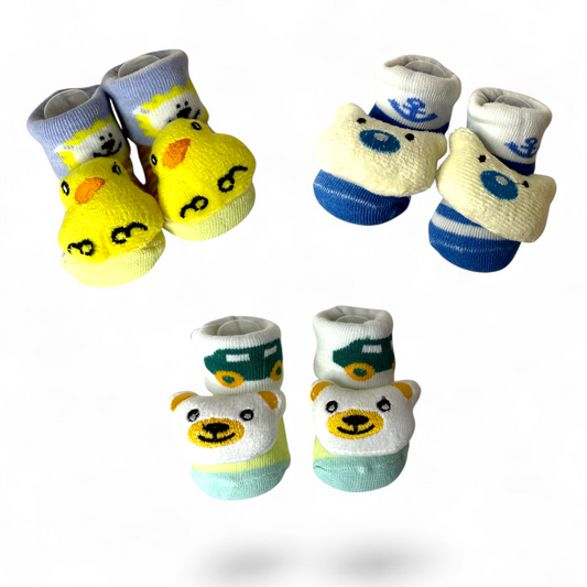 Pack of 3 Baby Booties – Duck, Cat & Bear Designs | Non-Slip & Breathable