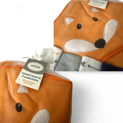 Aifeier Cute Fox Hooded Bath Towel with 5 Face Towels