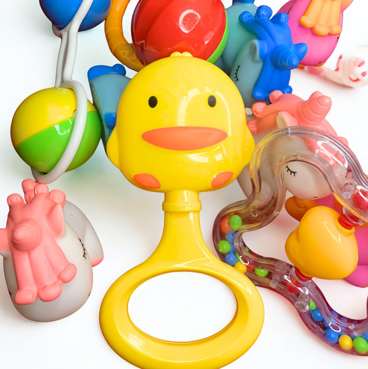 Ultimate Baby Sensory Bundle 6pcs  Unicorn ChuChu Toys & 4pcs Cute Rattles Set + Free Maq Silicone Teether