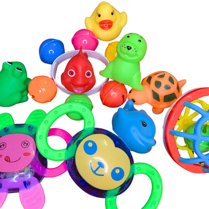 Complete Baby Play Bundle 4pcs Rattles Set, 6pcs ChuChu Toys Set + Free Maq Silicone Teether